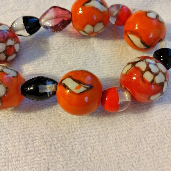 Millefiori Murano 7” Bracelet Glass LARGE Beads Orange Floral Stretch Bohemian - Picture 7 of 12